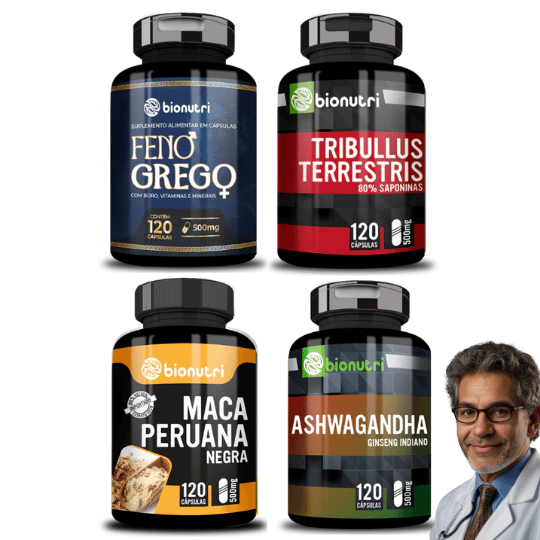 Super Kit Feno Grego + Tribus + Maca Peruana Negra + Ashwaganda 120 Capsulas - Bionutri