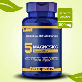 5 Magnésios Muwiz 500mg 60 Caps contém Quelato + Malato + Taurato + Citrato + Oxido de Magnésio - Super Oferta