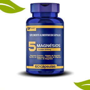 5 Magnésios Muwiz 500mg 60 Caps contém Quelato + Malato + Taurato + Citrato + Oxido de Magnésio - Super Oferta